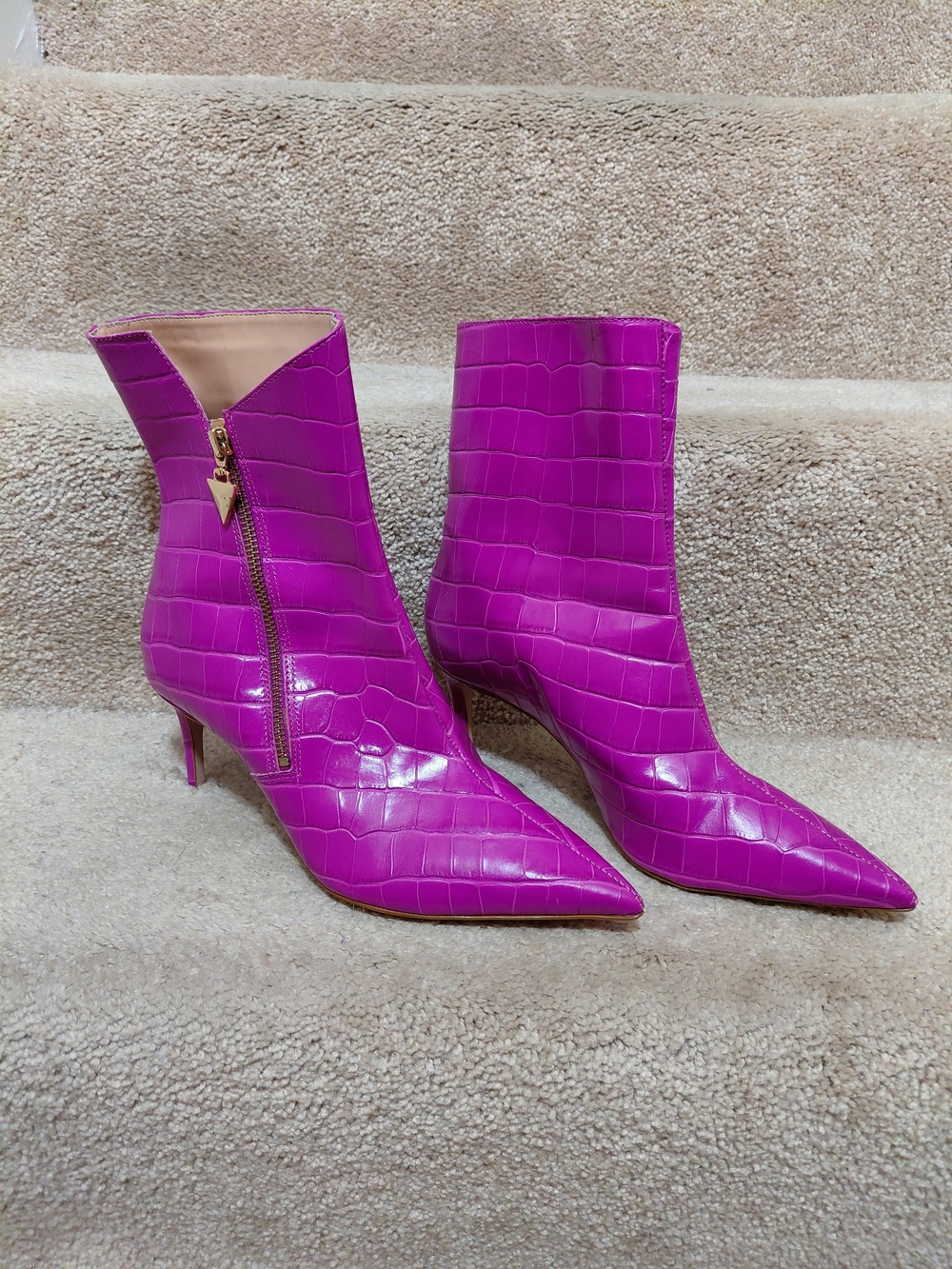 SCHUTZ Fuchsia Croc-Embossed Pointed Toe Ankle Booties